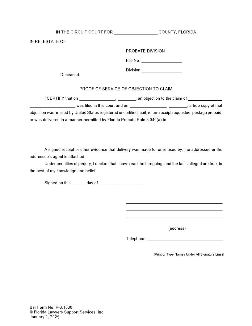 Proof Of Service Of Objection To Claim {P-3.1030} | Pdf Fpdf Doc Docx | FLSSI Probate
