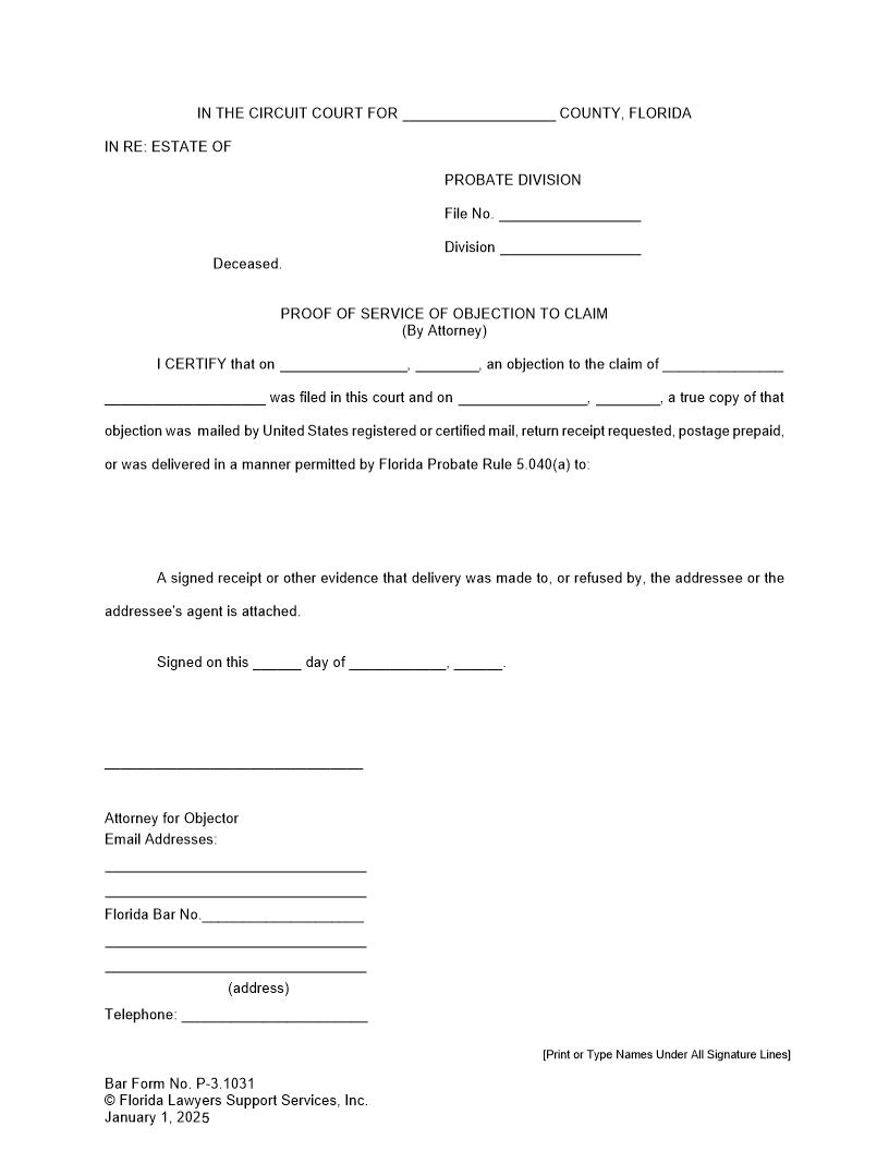 Proof Of Service Of Objection To Claim (By Attorney) {P-3.1031} | Pdf Fpdf Doc Docx | FLSSI Probate