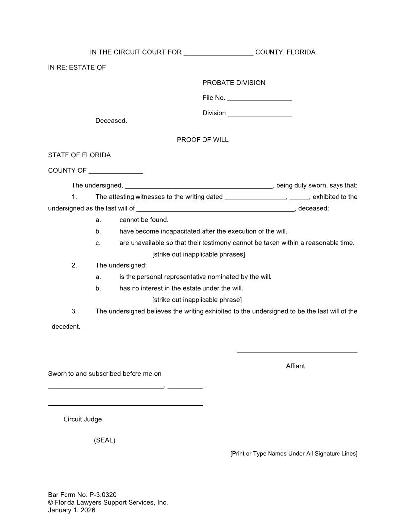 Proof Of Will {P-3.0320} | Pdf Fpdf Doc Docx | FLSSI Probate