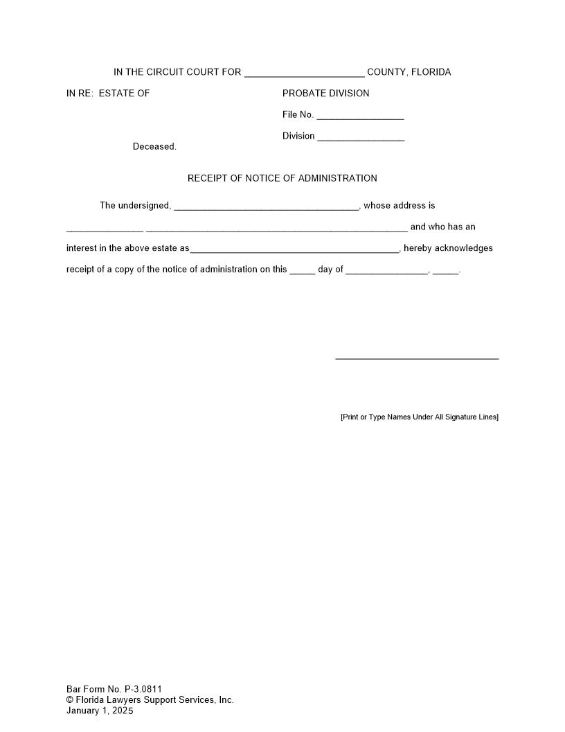 Receipt Of Notice Of Administration Testate {P-3.0811} | Pdf Fpdf Doc Docx | FLSSI Probate