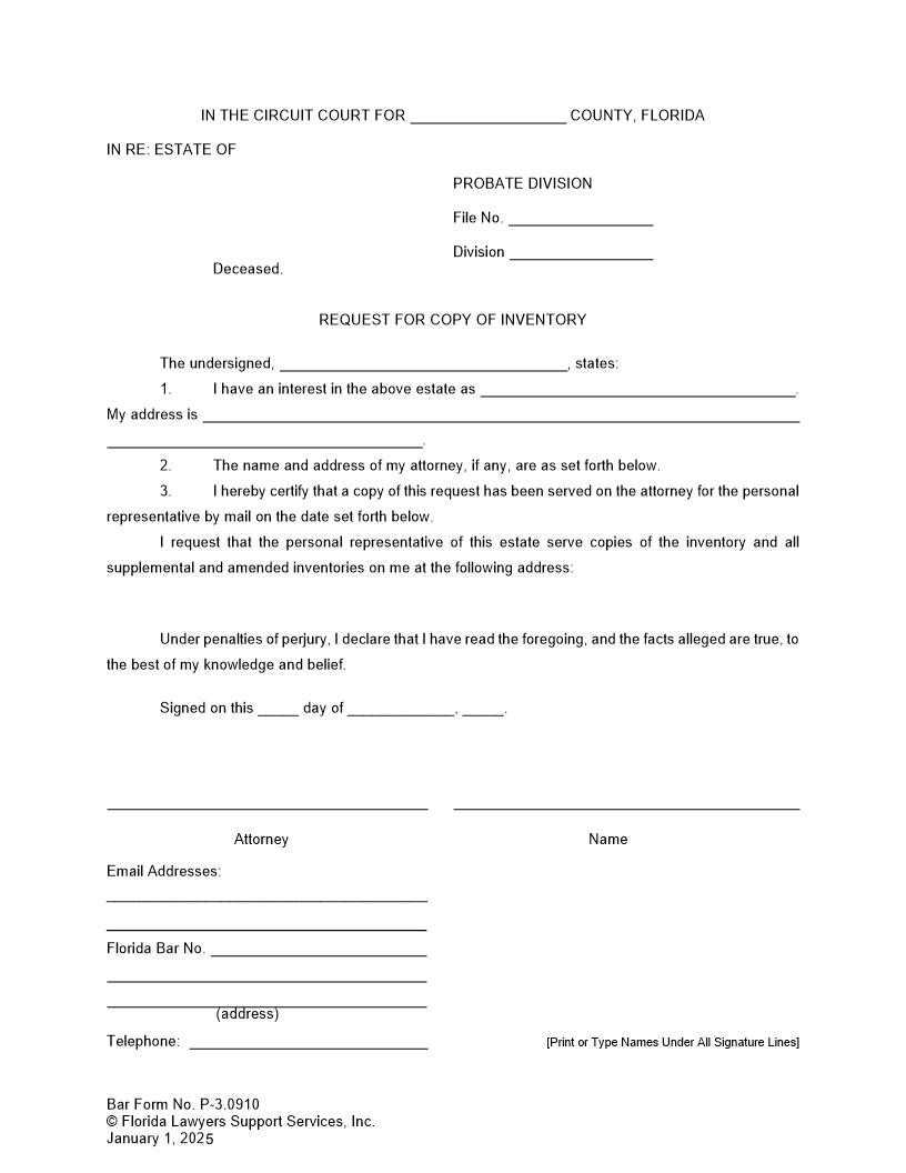 Request For Copy Of Inventory {P-3.0910} | Pdf Fpdf Doc Docx | FLSSI Probate