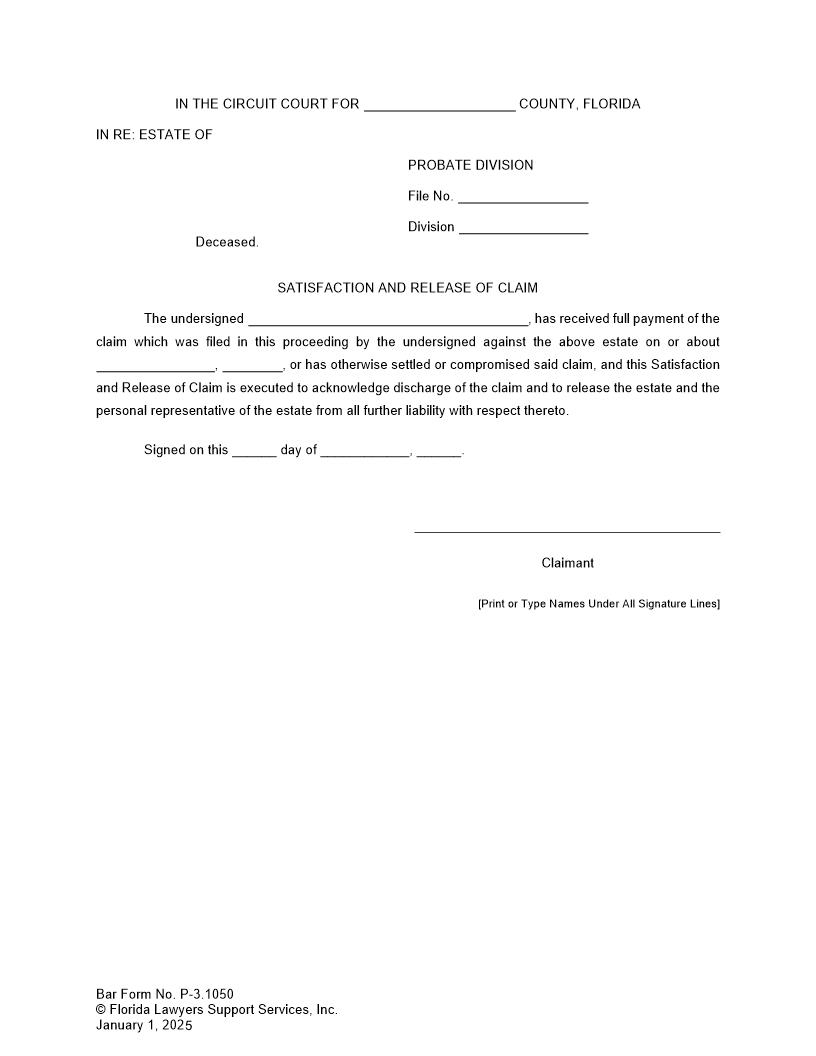 Satisfaction And Release Of Claim {P-3.1050} | Pdf Fpdf Doc Docx | FLSSI Probate