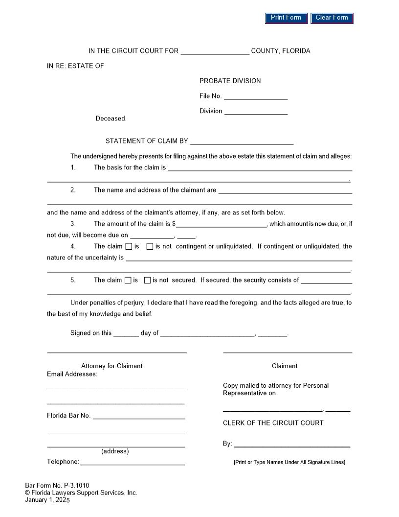 Statement Of Claim {P-3.1010} | Pdf Fpdf Doc Docx | FLSSI Probate