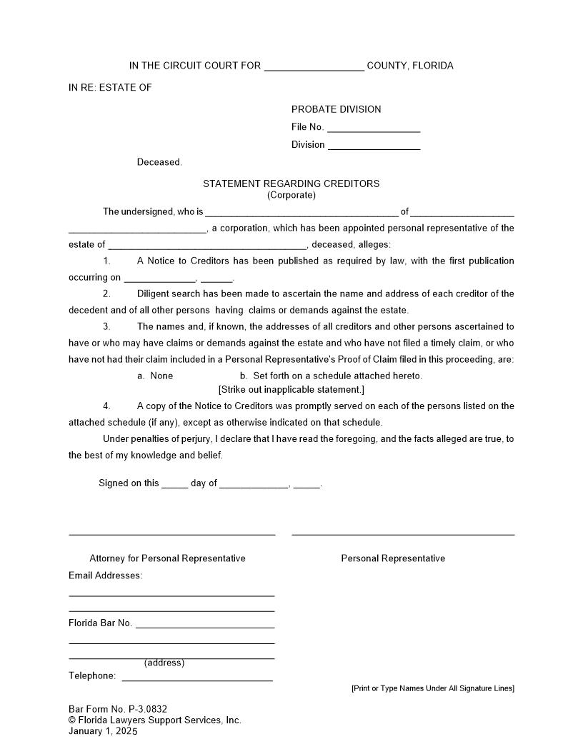 Statement Regarding Creditors Corporate {P-3.0832} | Pdf Fpdf Doc Docx | FLSSI Probate
