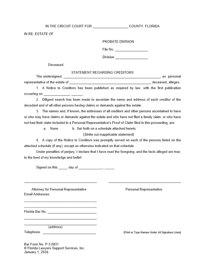 Statement Regarding Creditors Individual {P-3.0831} | Pdf Fpdf Doc Docx | FLSSI Probate