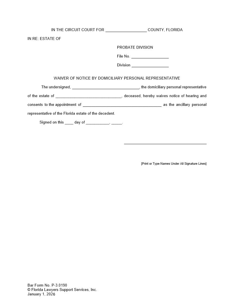 Waiver Of Notice By Domiciliary Personal Representative {P-3.0190} | Pdf Fpdf Doc Docx | FLSSI Probate