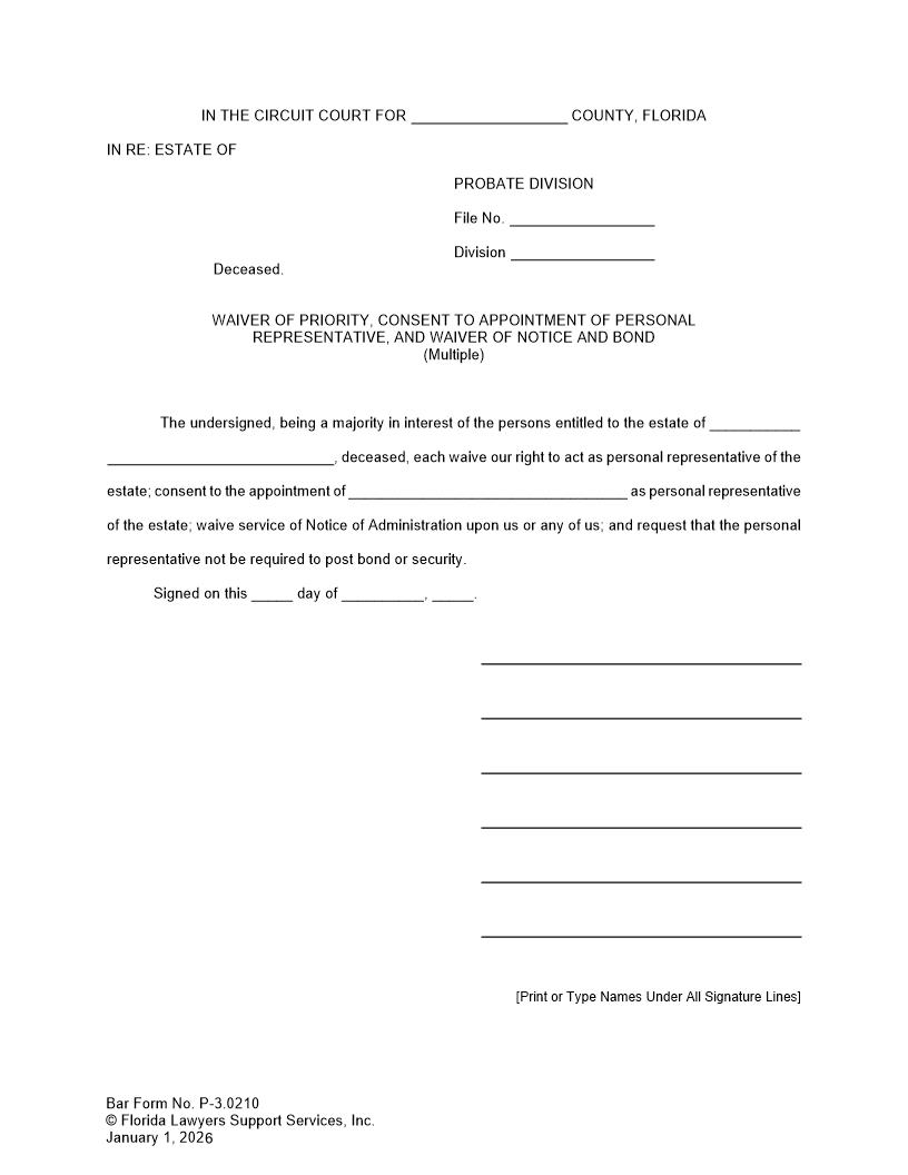 Waiver Of Priority Consent To Appointment PR Waiver Of Notice Bond Multiple {P-3.0210} | Pdf Fpdf Docx | FLSSI Probate