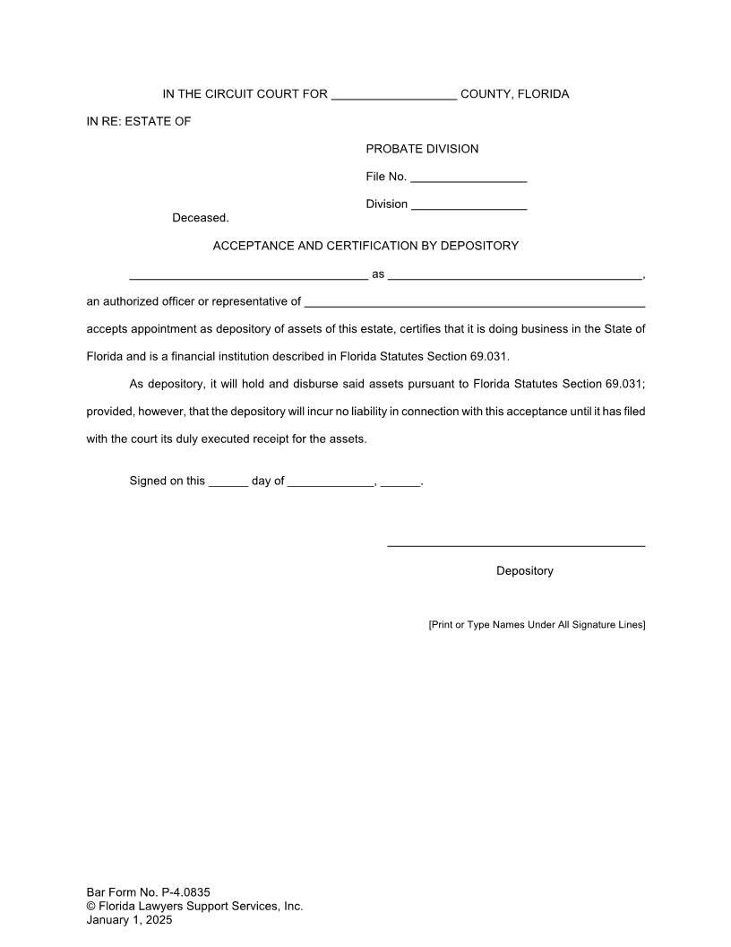 Acceptance And Certification By Depository {P-4.0835} | Pdf Fpdf Doc Docx | FLSSI Probate