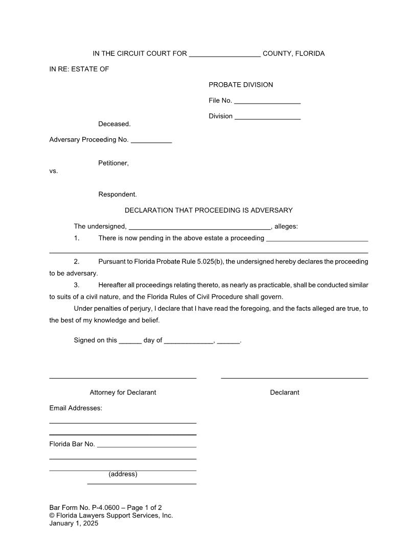 Declaration That Proceeding Is Adversary {P-4.0600} | Pdf Fpdf Doc Docx | FLSSI Probate