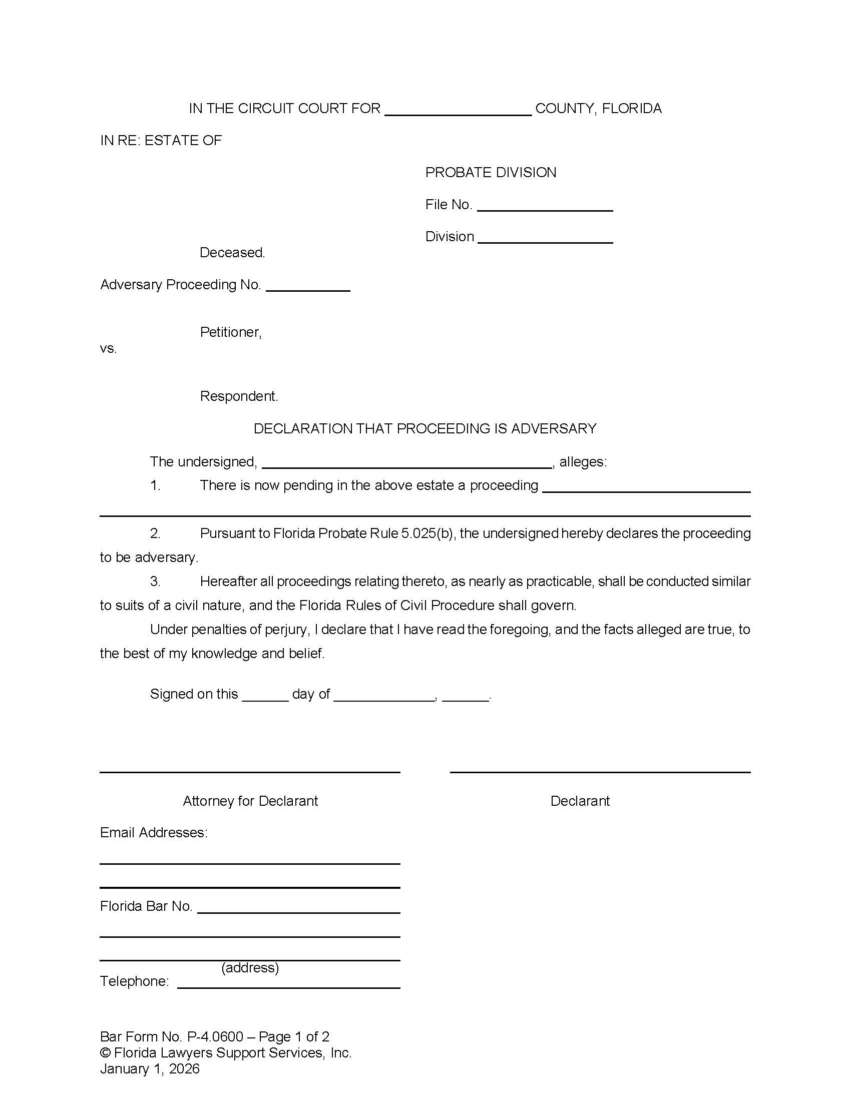 Declaration That Proceeding Is Adversary {P-4.0600} | Pdf Fpdf Doc Docx | FLSSI Probate
