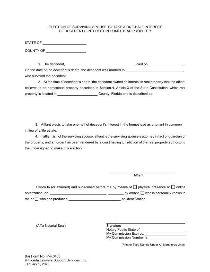 Election Of Surviving Spouse To Take Half Decedents Interest In Homestead {P-4.0430} | Pdf Fpdf Doc Docx | FLSSI Probate