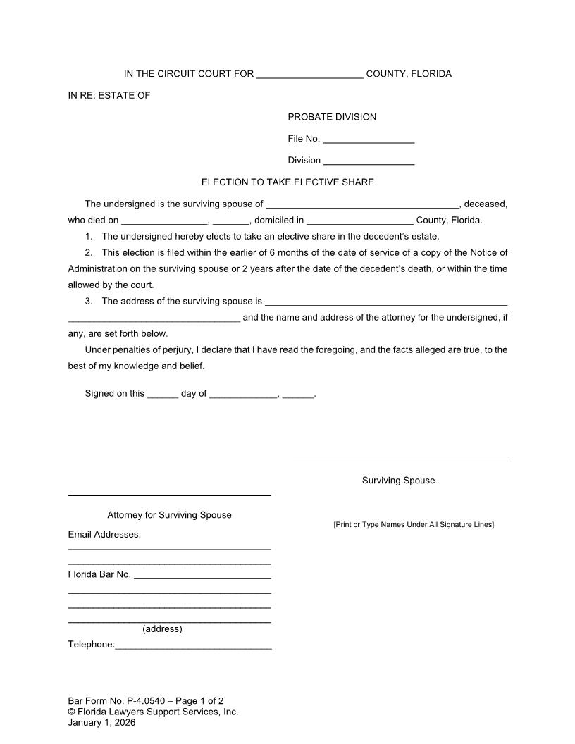 Election To Take Elective Share {P-4.0540} | Pdf Fpdf Doc Docx | FLSSI Probate