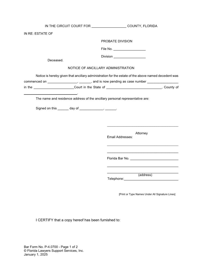 Notice Of Ancillary Administration {P-4.0700} | Pdf Fpdf Doc Docx | FLSSI Probate