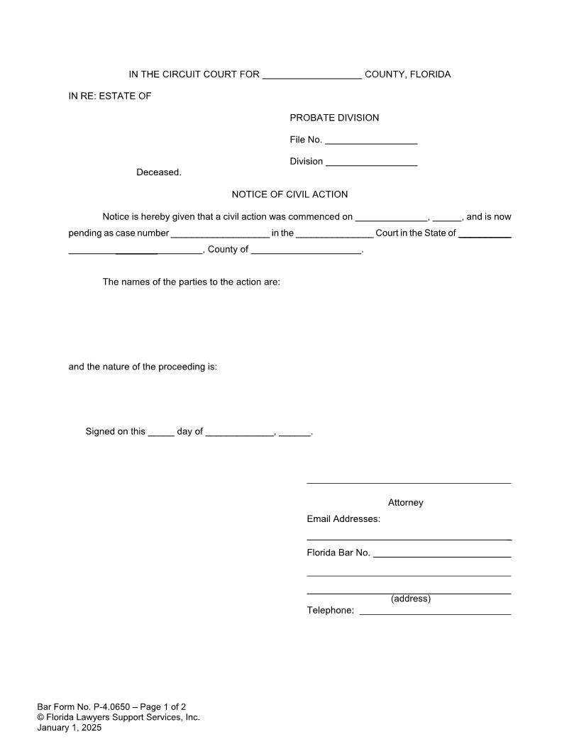 Notice Of Civil Action {P-4.0650} | Pdf Fpdf Doc Docx | FLSSI Probate