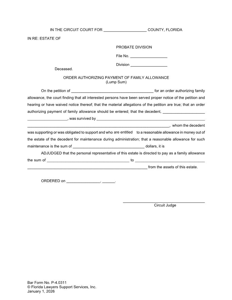 Order Authorizing Payment Of Family Allowance (Lump Sum) {P-4.0311} | Pdf Fpdf Doc Docx | FLSSI Probate