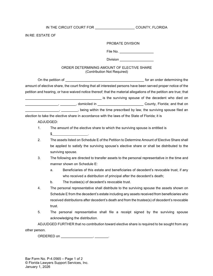 Order Determining Amount Of Elective Share Contribution Not Required {P-4.0565} | Pdf Fpdf Doc Docx | FLSSI Probate