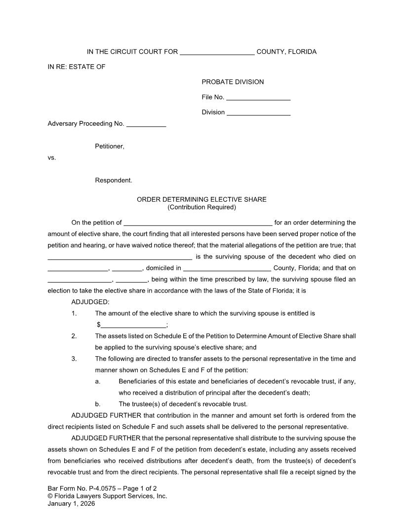Order Determining Elective Share Contribution Required {P-4.0575} | Pdf Fpdf Doc Docx | FLSSI Probate