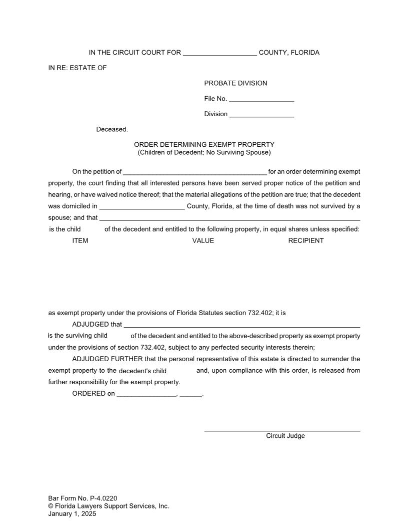 Order Determining Exempt Property Children Of Decedent No Surviving Spouse {P-4.0220} | Pdf Fpdf Doc Docx | FLSSI Probate