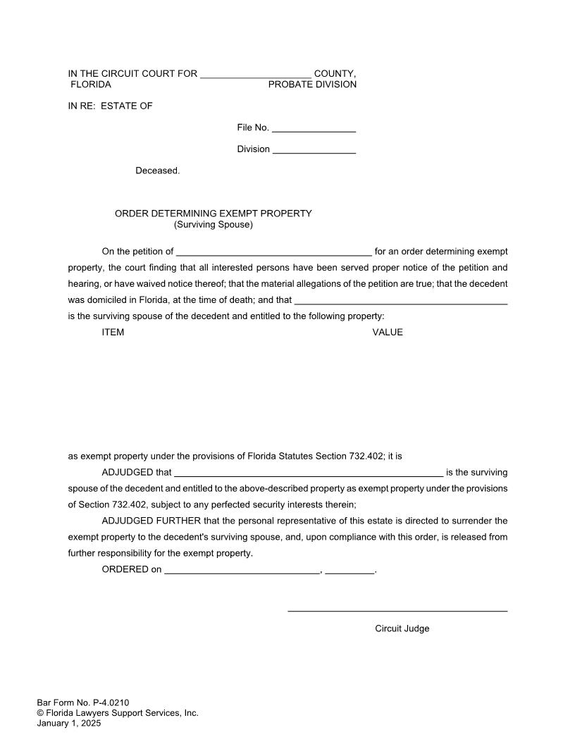 Order Determining Exempt Property Surviving Spouse {P-4.0210} | Pdf Fpdf Doc Docx | FLSSI Probate