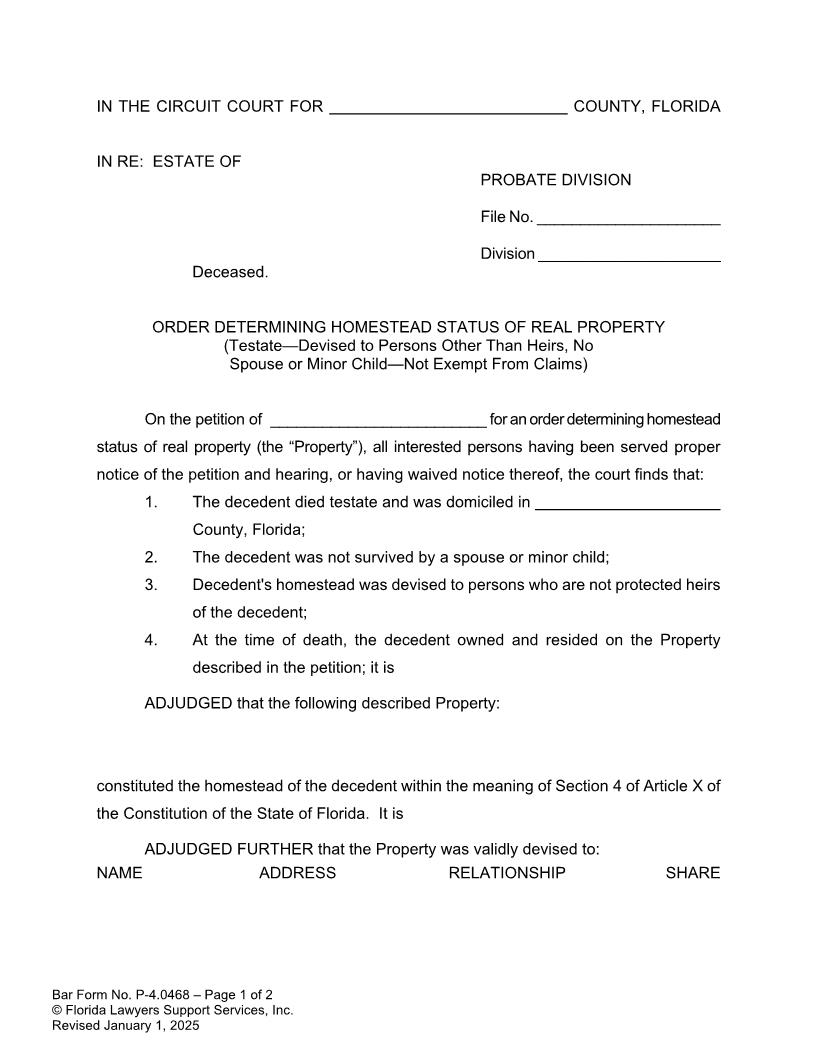 Order Determining Homestead Status Testate Non-Heirs No Spouse-Child Not Exempt {P-4.0468} | Pdf Fpdf Doc Docx | FLSSI Probate