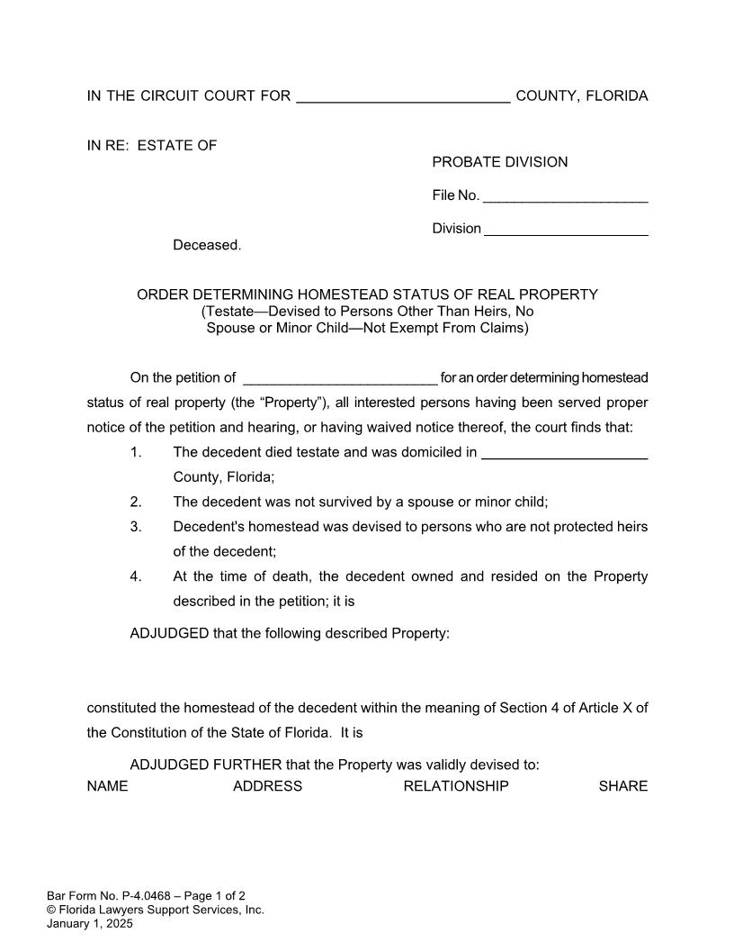Order Determining Homestead Status Testate Non-Heirs No Spouse-Child Not Exempt {P-4.0468} | Pdf Fpdf Doc Docx | FLSSI Probate