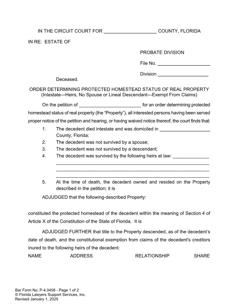 Order Determining Protected Homestead Status Intestate Heirs No Spouse Or Lineal Exempt {P-4.0458} | Pdf Fpdf Doc Docx | FLSSI Probate