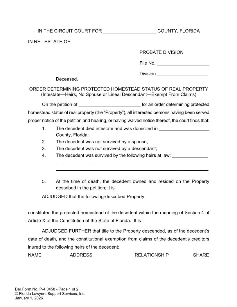 Order Determining Protected Homestead Status Intestate Heirs No Spouse Or Lineal Exempt {P-4.0458} | Pdf Fpdf Doc Docx | FLSSI Probate