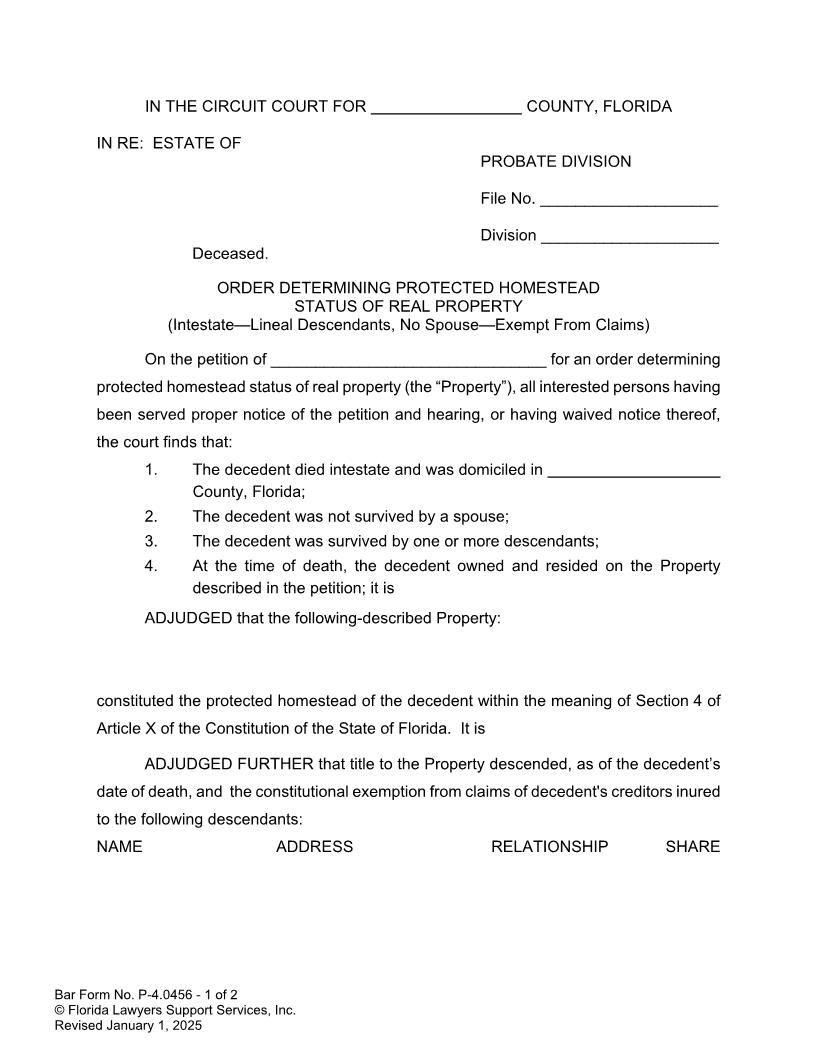 Order Determining Protected Homestead Status Intestate Lineals No Spouse Exempt {P-4.0456} | Pdf Fpdf Doc Docx | FLSSI Probate