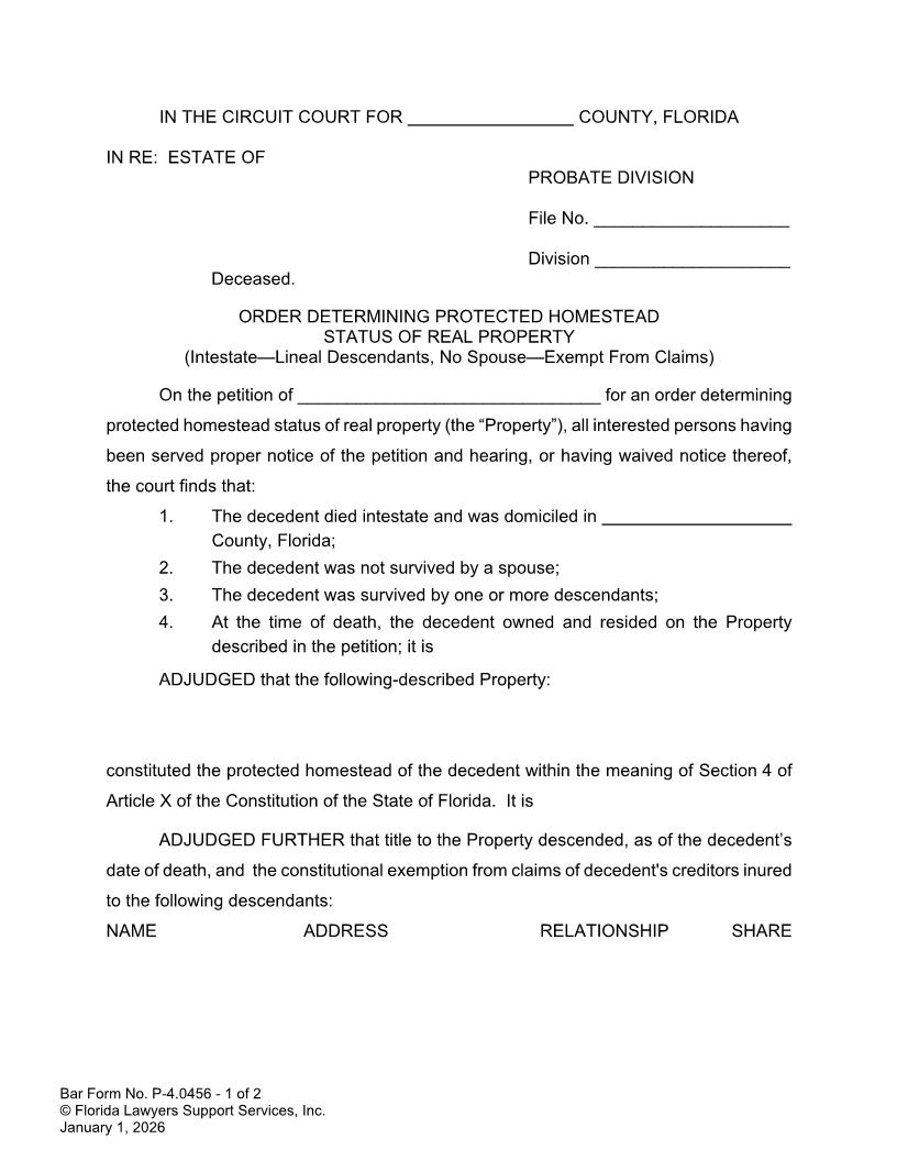 Order Determining Protected Homestead Status Intestate Lineals No Spouse Exempt {P-4.0456} | Pdf Fpdf Doc Docx | FLSSI Probate
