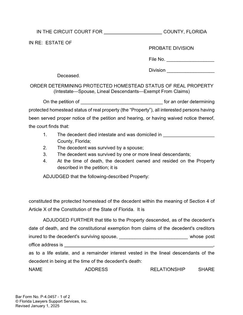 Order Determining Protected Homestead Status Intestate Spouse Lineals Exempt {P-4.0457} | Pdf Fpdf Doc Docx | FLSSI Probate