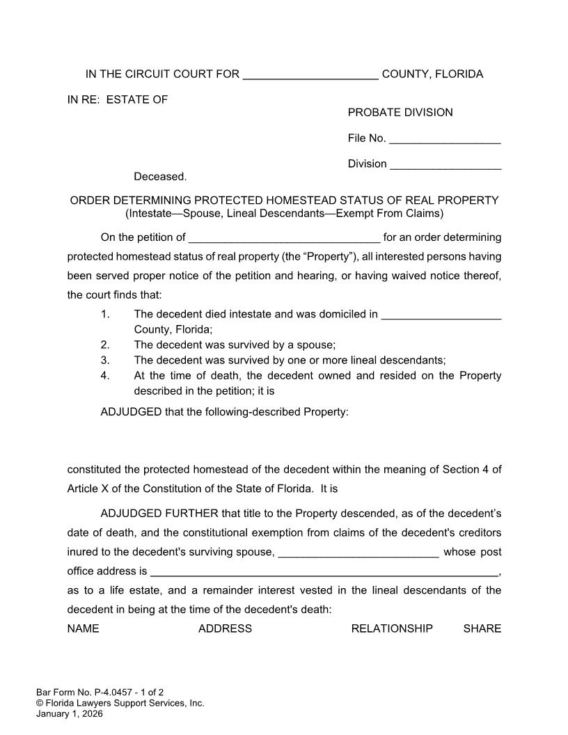 Order Determining Protected Homestead Status Intestate Spouse Lineals Exempt {P-4.0457} | Pdf Fpdf Doc Docx | FLSSI Probate