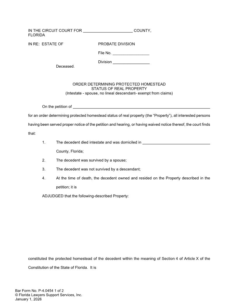 Order Determining Protected Homestead Status Intestate Spouse No Lineals Exempt {P-4.0454} | Pdf Fpdf Doc Docx | FLSSI Probate