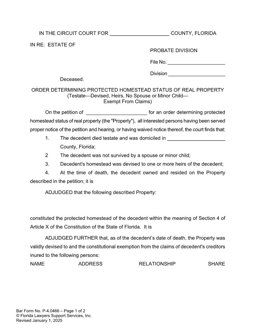 Order Determining Protected Homestead Status Testate Devised Heirs No Spouse Or Child Exempt {P-4.0466} | Pdf Fpdf Docx | FLSSI Probate