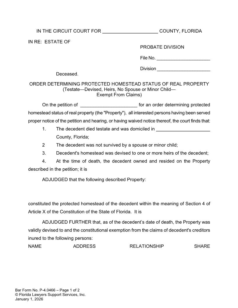 Order Determining Protected Homestead Status Testate Devised Heirs No Spouse Or Child Exempt {P-4.0466} | Pdf Fpdf Docx | FLSSI Probate