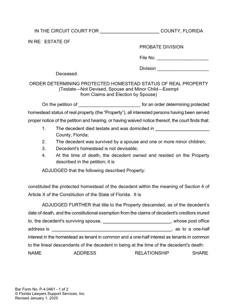 Order Determining Protected Homestead Status Testate Not Devised Spouse Child Exempt {P-4.0461} | Pdf Fpdf Docx | FLSSI Probate