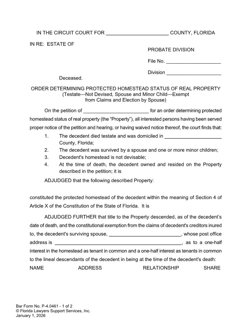 Order Determining Protected Homestead Status Testate Not Devised Spouse Child Exempt {P-4.0461} | Pdf Fpdf Docx | FLSSI Probate