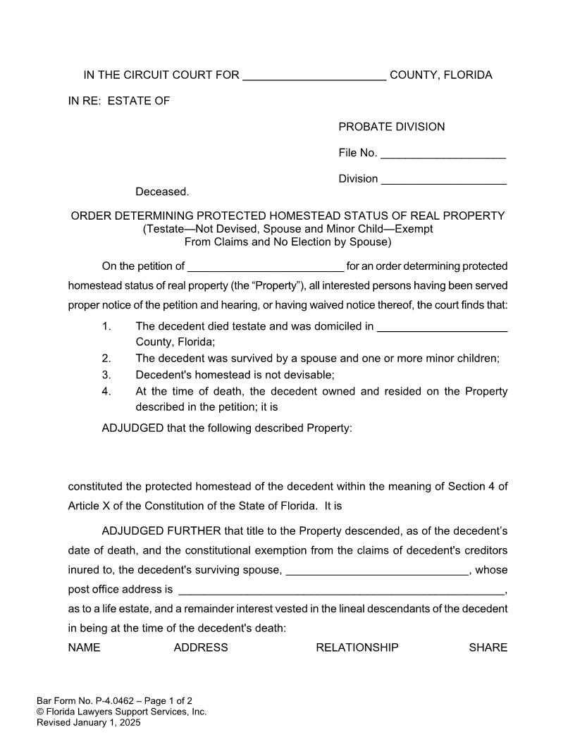 Order Determining Protected Homestead Status Testate Not Devised Spouse Child Exempt No Election {P-4.0462} | Pdf Fpdf Doc Docx | FLSSI Probate