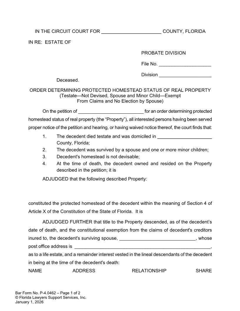 Order Determining Protected Homestead Status Testate Not Devised Spouse Child Exempt No Election {P-4.0462} | Pdf Fpdf Doc Docx | FLSSI Probate