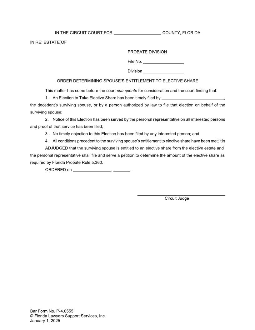 Order Determining Spouses Entitlement To Elective Share {P-4.0555} | Pdf Fpdf Doc Docx | FLSSI Probate