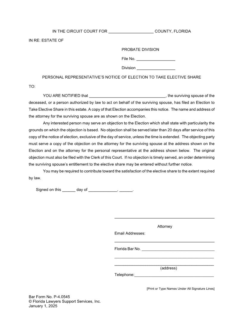 Personal Representatives Notice Of Election To Take Elective Share {P-4.0545} | Pdf Fpdf Docx | FLSSI Probate