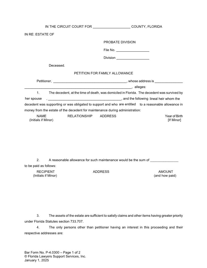 Petition For Family Allowance {P-4.0300} | Pdf Fpdf Doc Docx | FLSSI Probate