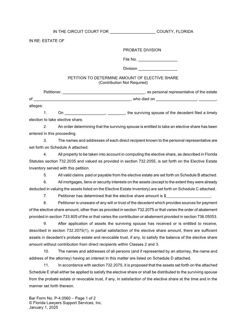 Petition To Determine Amount Of Elective Share Contribution Not Required {P-4.0560} | Pdf Fpdf Doc Docx | FLSSI Probate
