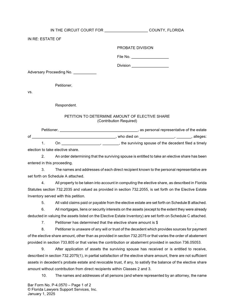 Petition To Determine Amount Of Elective Share Contribution Required {P-4.0570} | Pdf Fpdf Doc Docx | FLSSI Probate