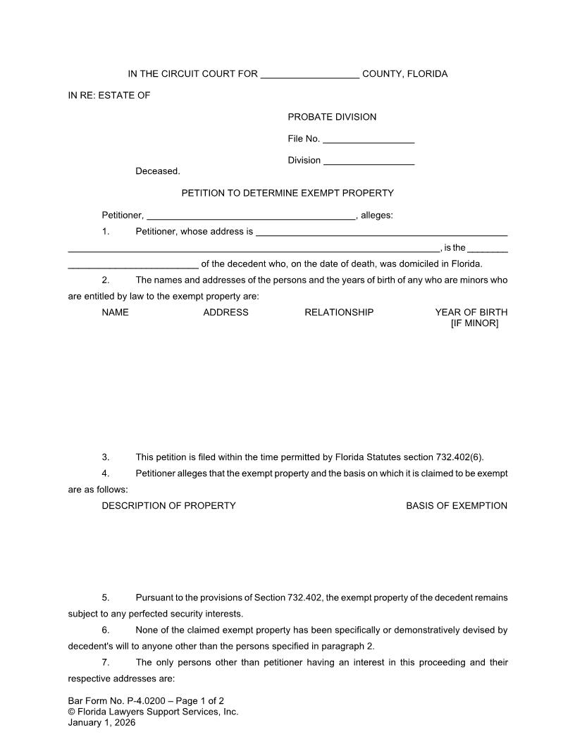 Petition To Determine Exempt Property {P-4.0200} | Pdf Fpdf Doc Docx | FLSSI Probate