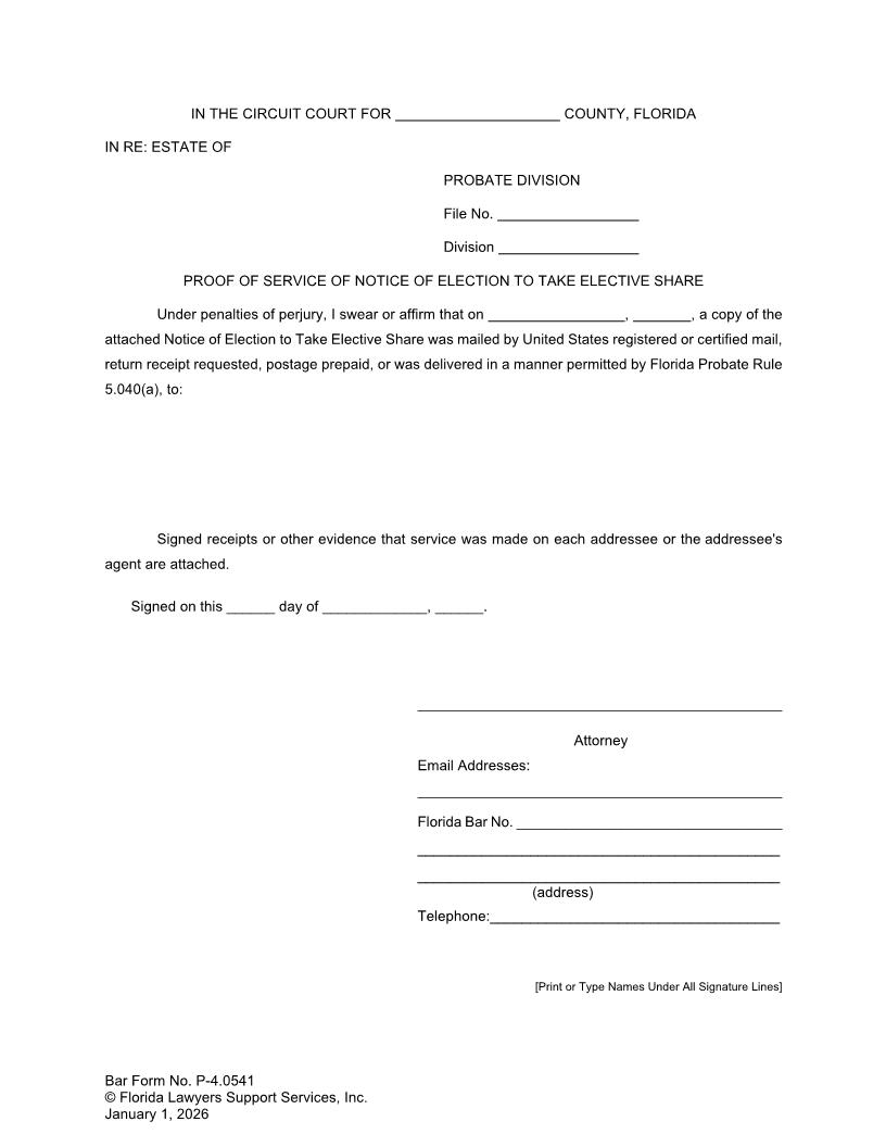 Proof Of Service Of Election To Take Elective Share {P-4.0541} | Pdf Fpdf Doc Docx | FLSSI Probate