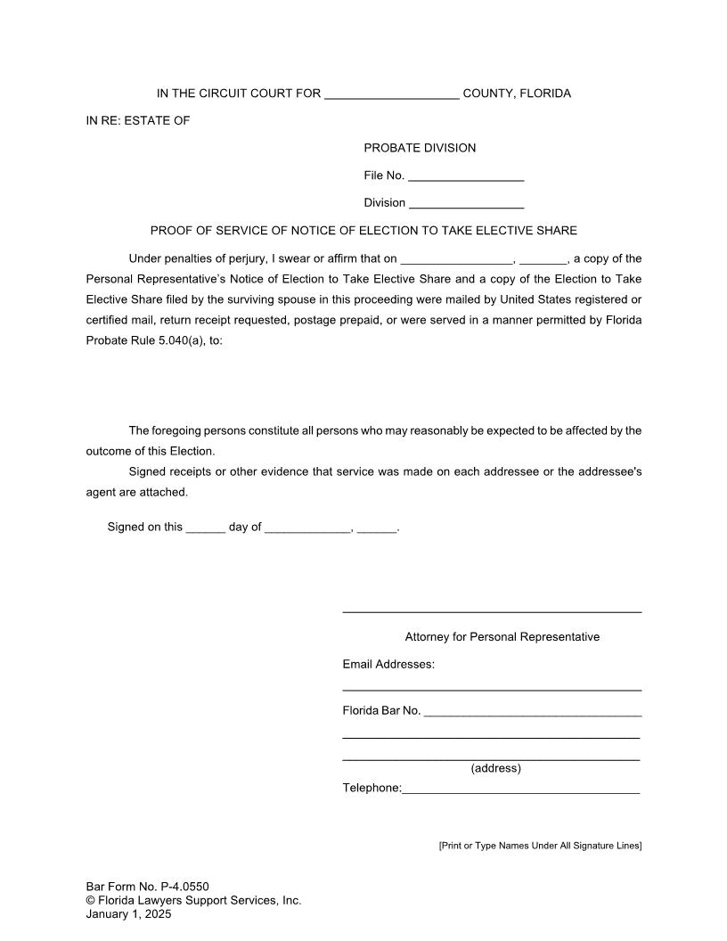 Proof Of Service Of Notice Of Election To Take Elective Share {P-4.0550} | Pdf Fpdf Doc Docx | FLSSI Probate
