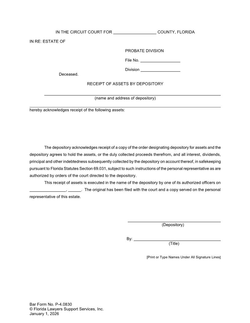 Receipt Of Assets By Depository {P-4.0830} | Pdf Fpdf Doc Docx | FLSSI Probate