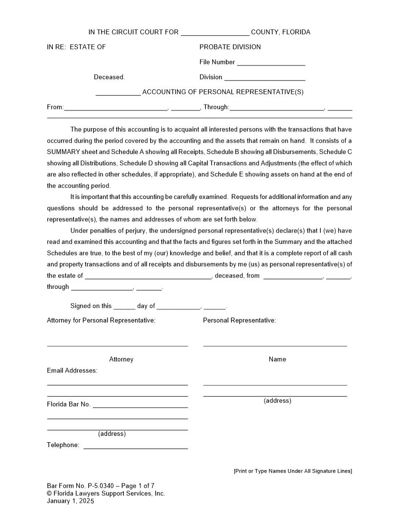 Accounting Of Personal Representative(s) {P-5.0340} | Pdf Fpdf Doc Docx | FLSSI Probate