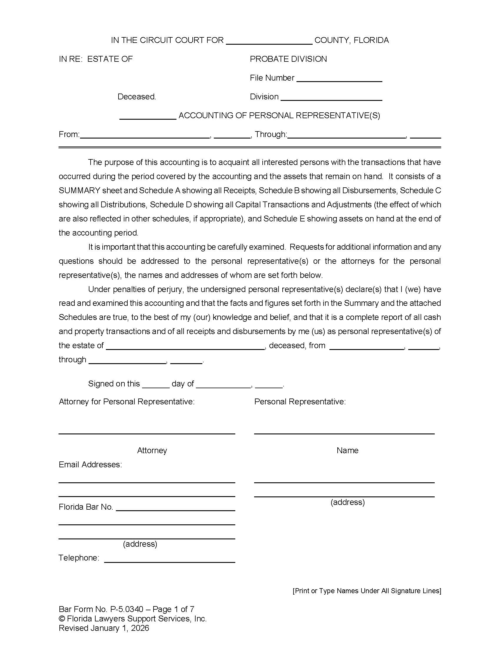 Accounting Of Personal Representative(s) {P-5.0340} | Pdf Fpdf Doc Docx | FLSSI Probate