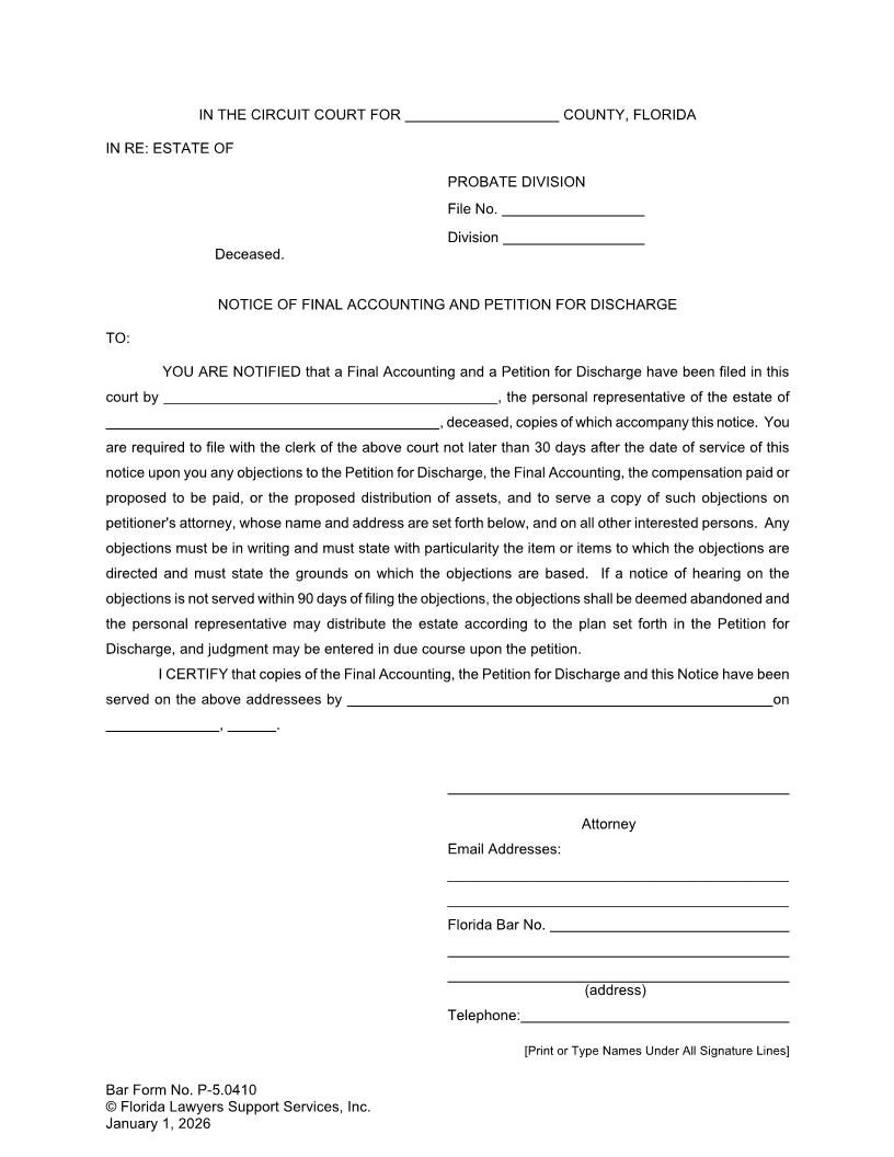 Notice Of Final Accounting And Petition For Discharge {P-5.0410} | Pdf Fpdf Doc Docx | FLSSI Probate
